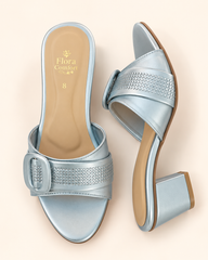 Silver Crystal Buckle Block Heel