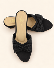 Grace Black Bow Block Heel Slippers
