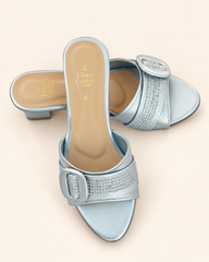 Silver Crystal Buckle Block Heel