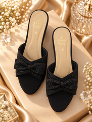 Grace Black Bow Block Heel Slippers