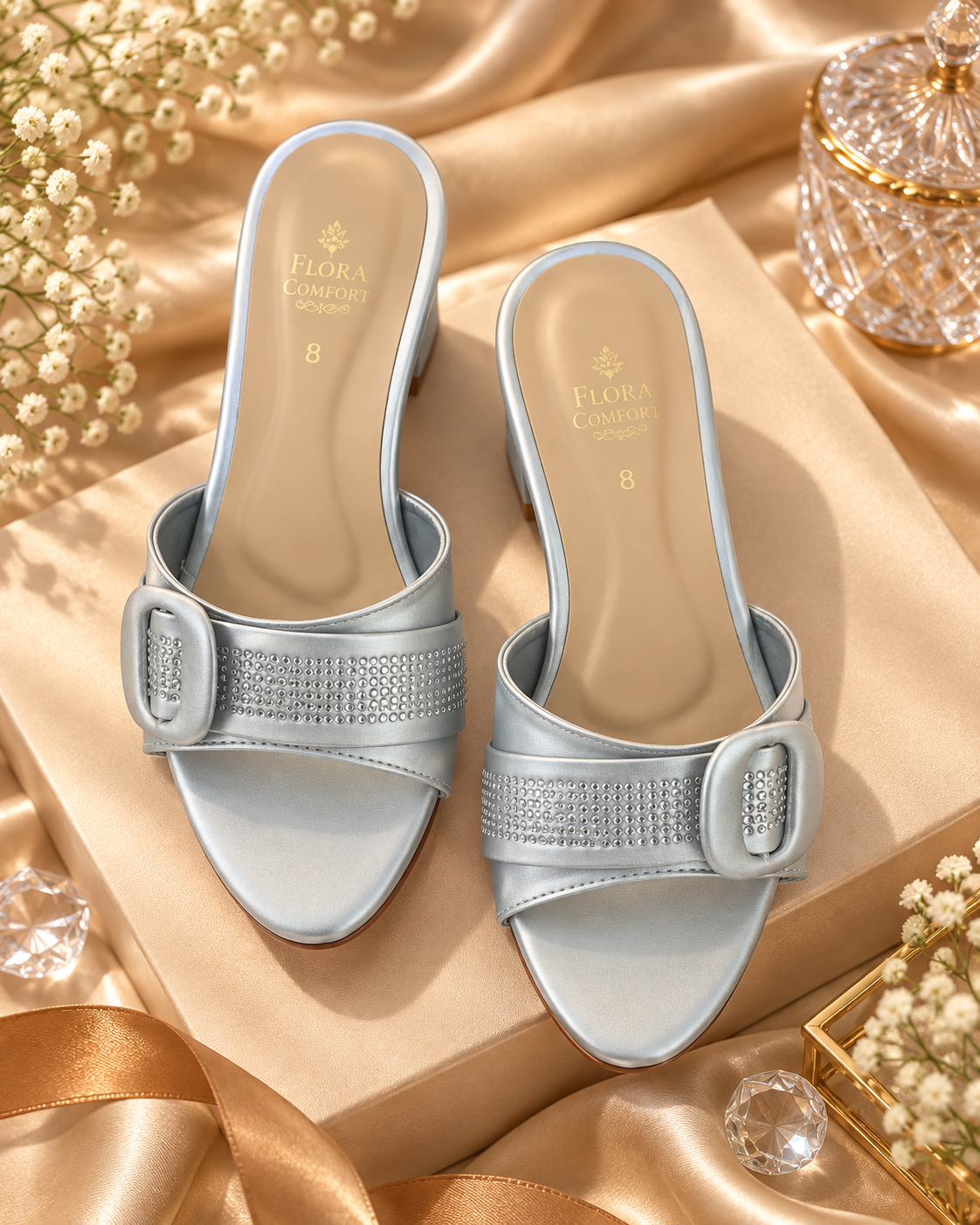 Silver Crystal Buckle Block Heel
