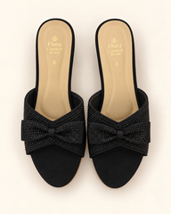 Grace Black Bow Block Heel Slippers