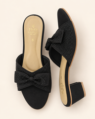 Grace Black Bow Block Heel Slippers